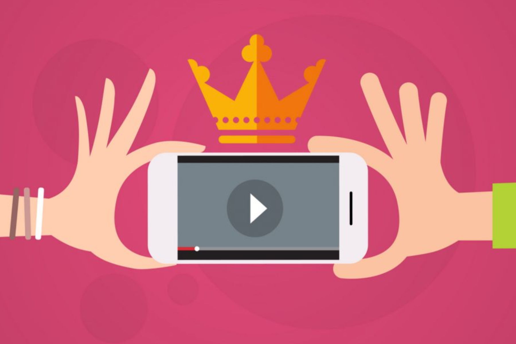 Different hands are holding the phone, which has a video paused on the screen and a crown on top of it