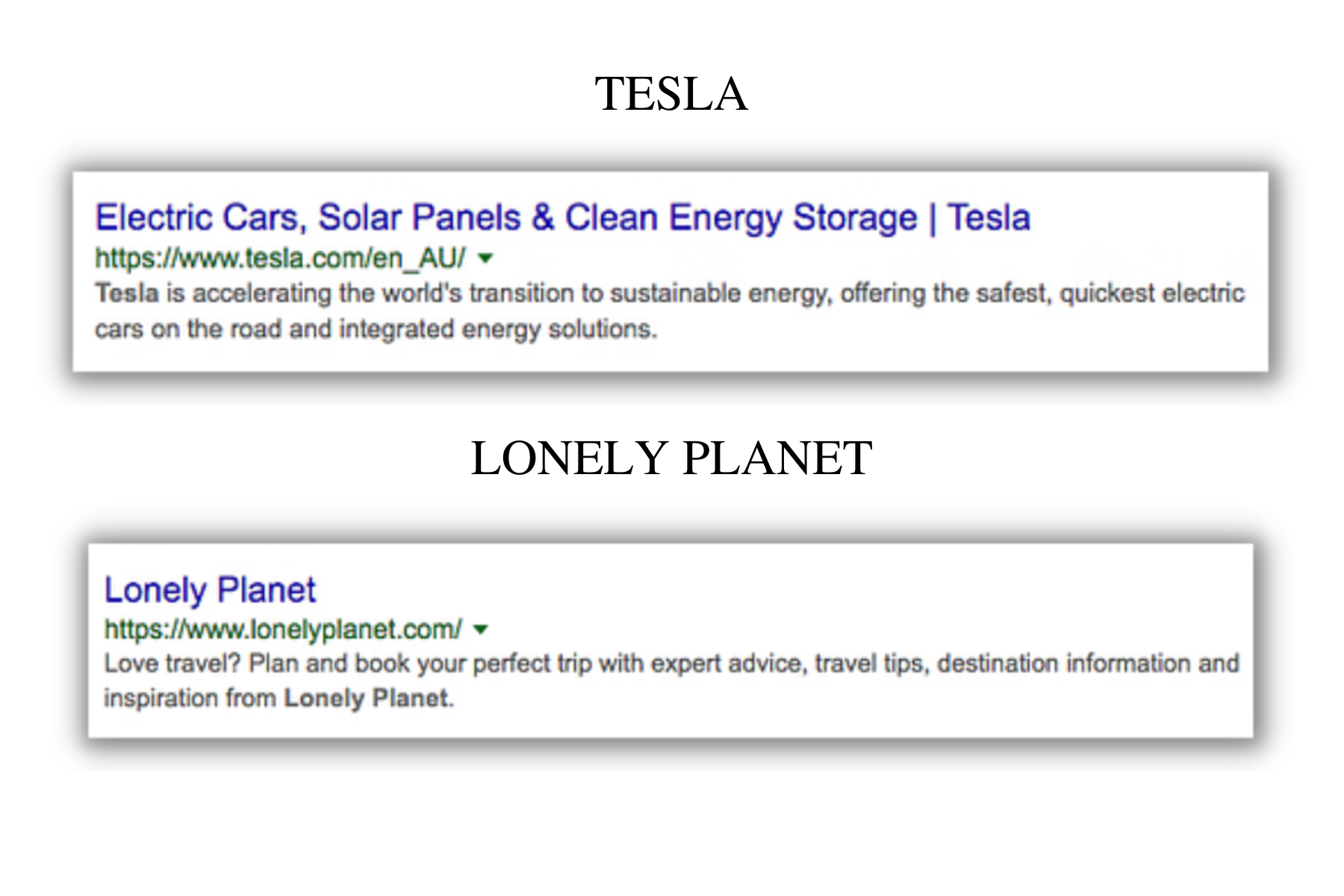 Example of Tesla and Lonely Planet meta descriptions