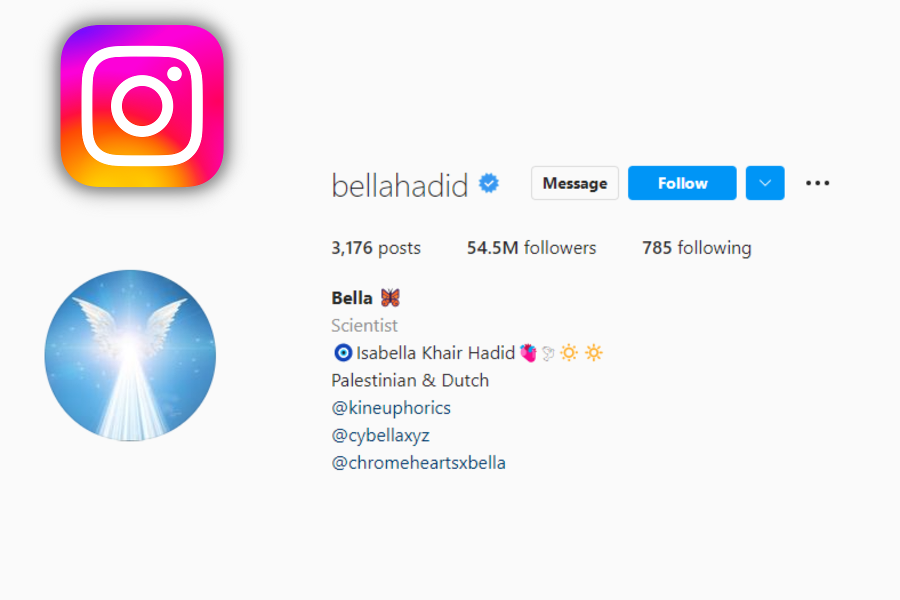 Bella Hadid's Instagram account with 54.5 million followers
