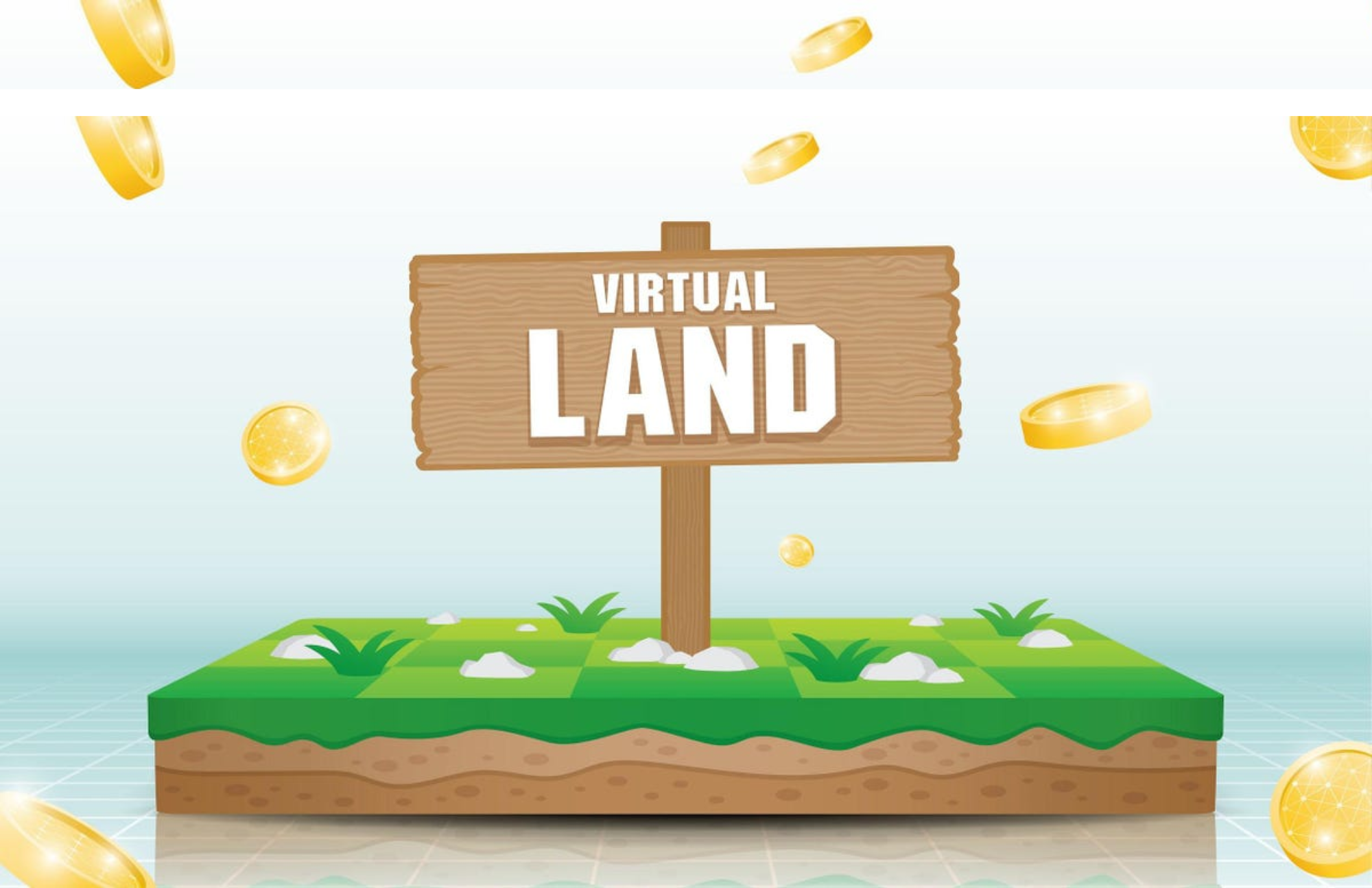 A grassy area with a large sign reading "Virtual Land" and coins falling out