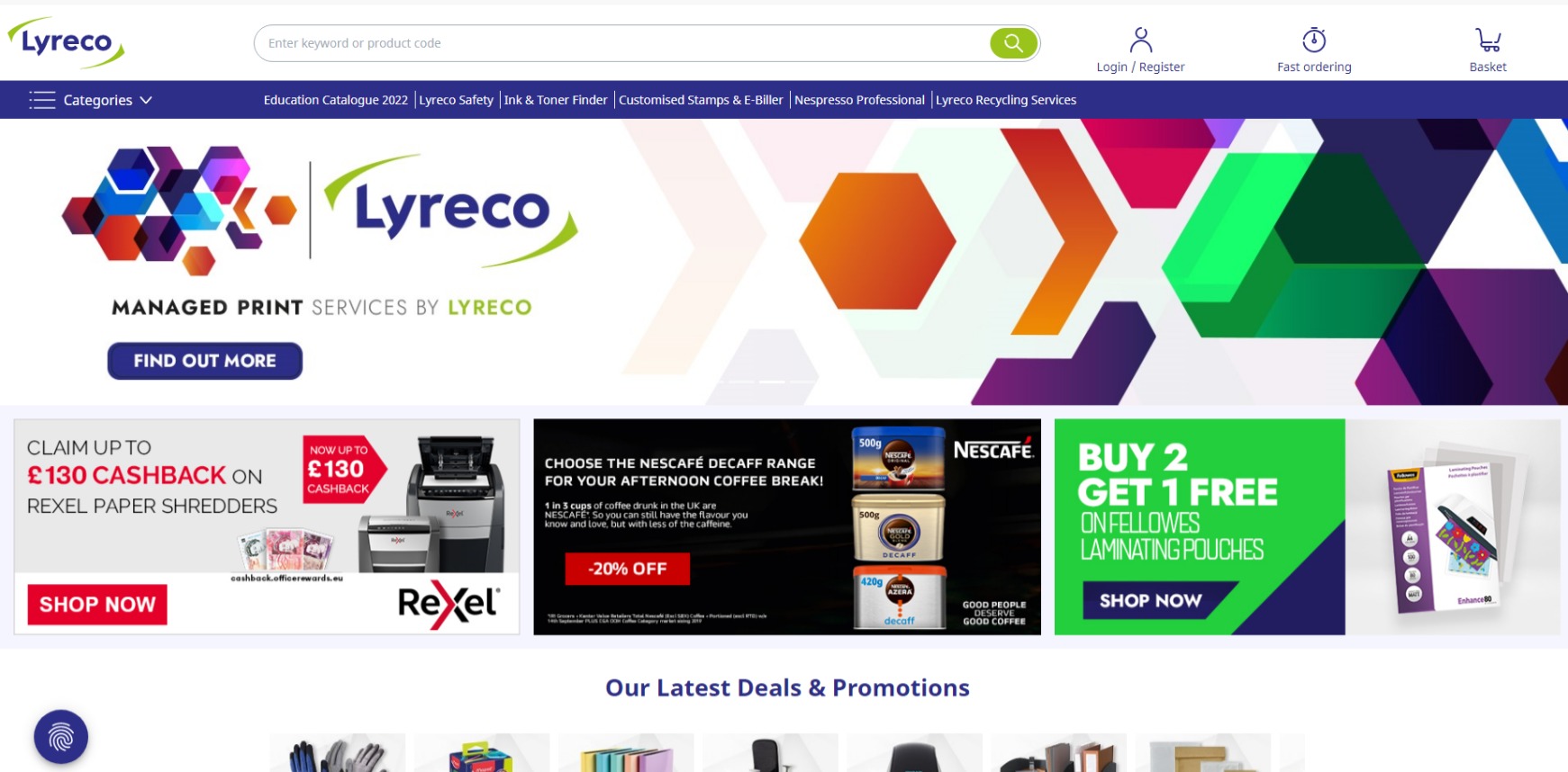 Screenshot of Lyreco's webpage
