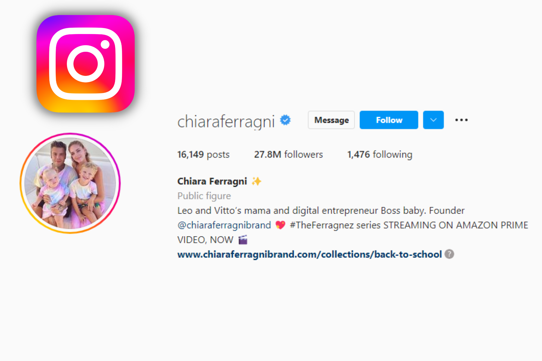 Chiara Ferragni's Instagram account with 27.8 million followers