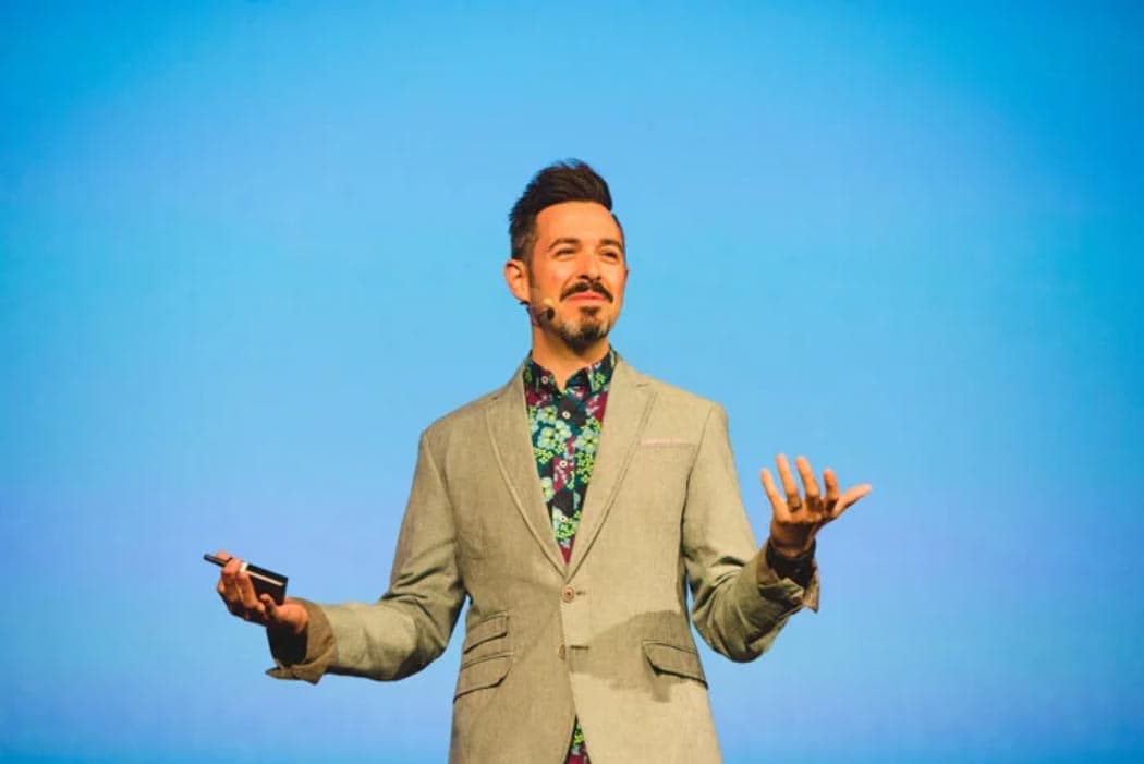 Rand Fishkin wearing a gray coat and floral polo