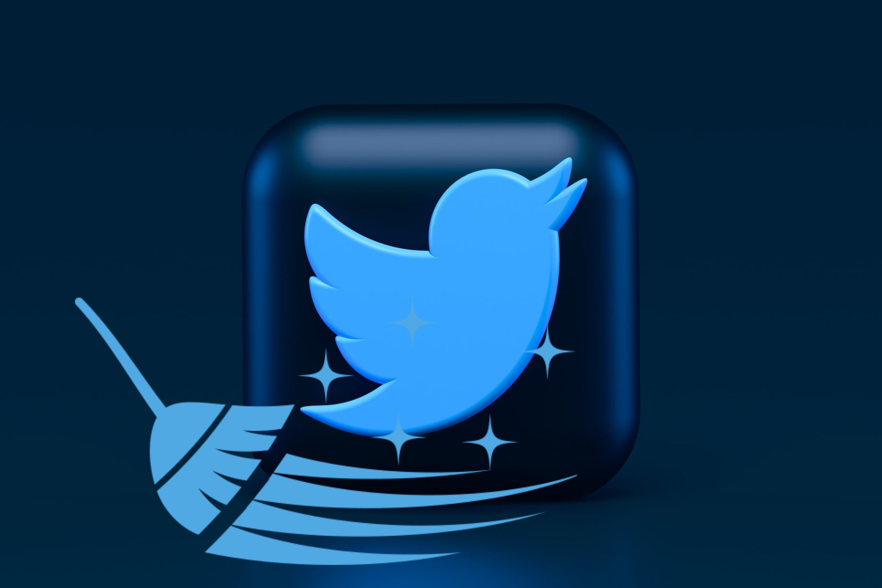 Twitter 3D logo with a blue broom