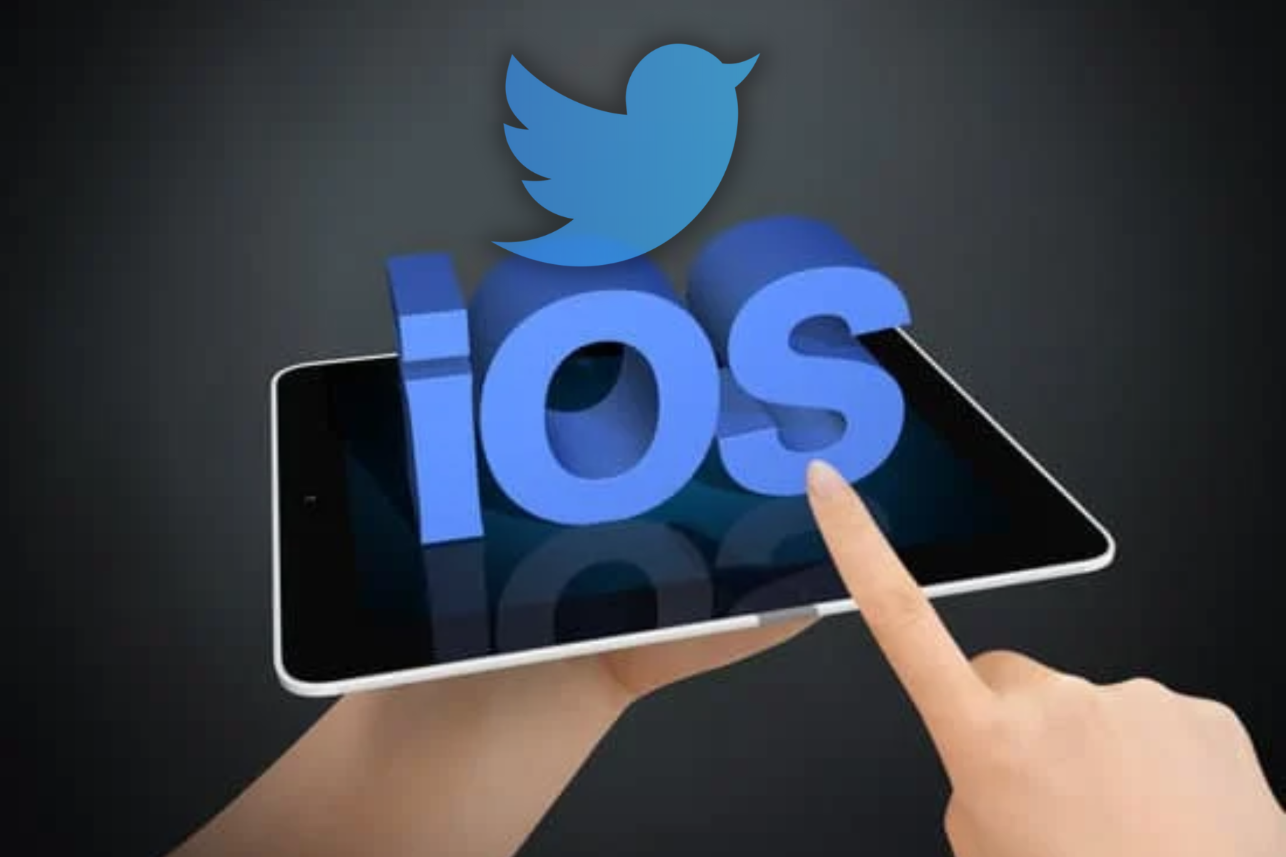 A woman's hand holding an iPad with a 3D "iOS" logo and a Twitter logo on top