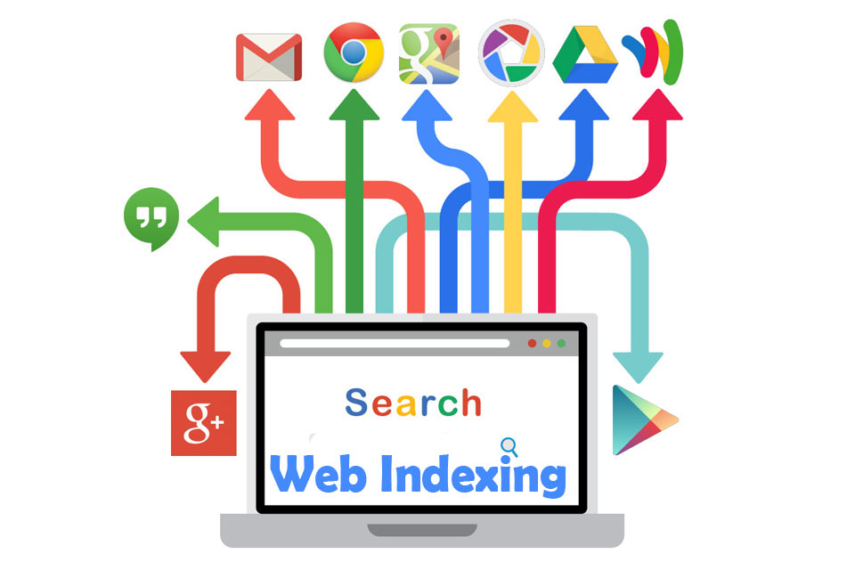 A laptop screen with the words "Search Web Indexing" and arrows leading to various Google WebApps
