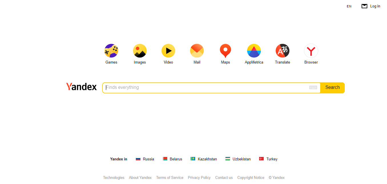 Homepage of Russia’s web search engine Yandex