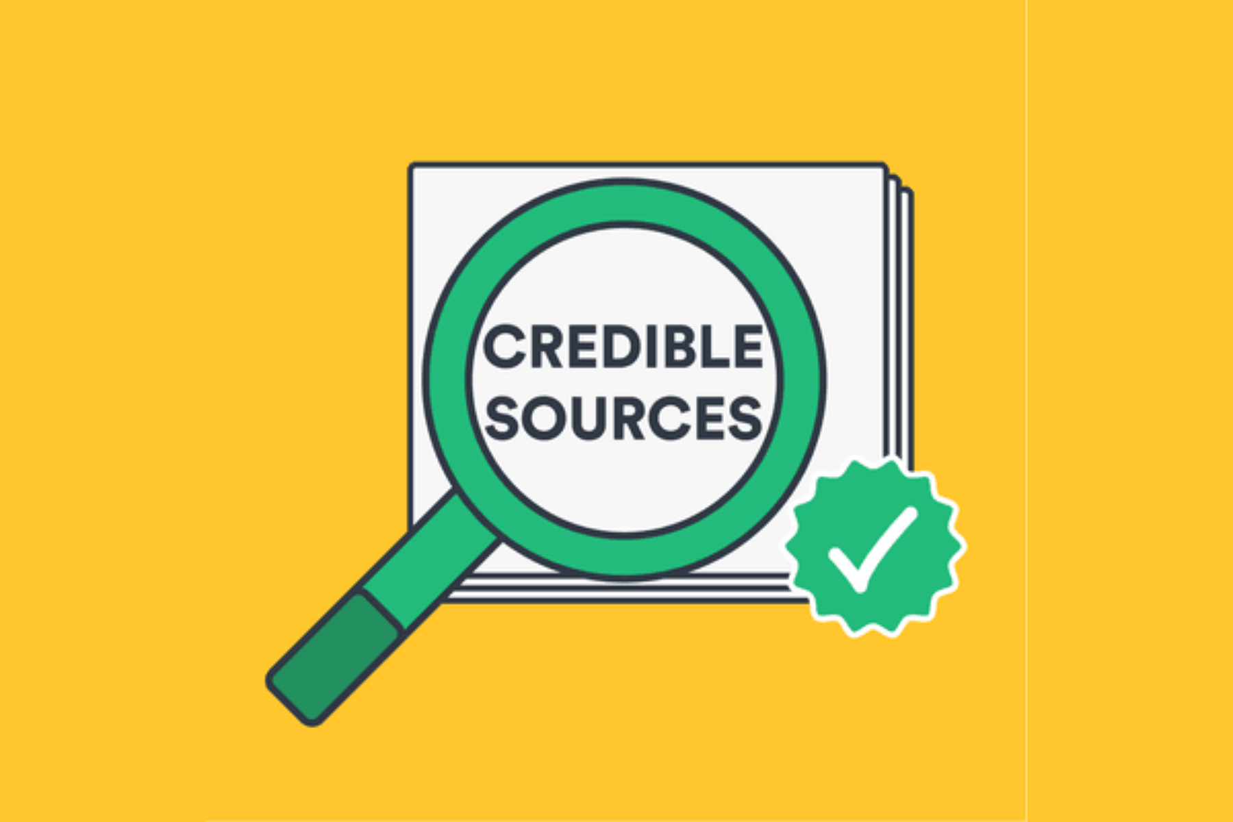 A magnifying glass in front of a piece of paper with the words "Credible Sources" written on it