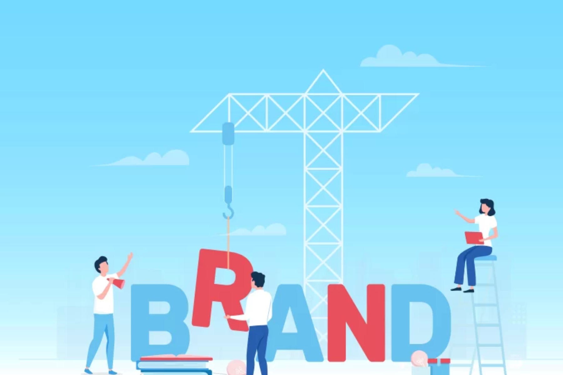 A group of people constructing the word "BRAND"