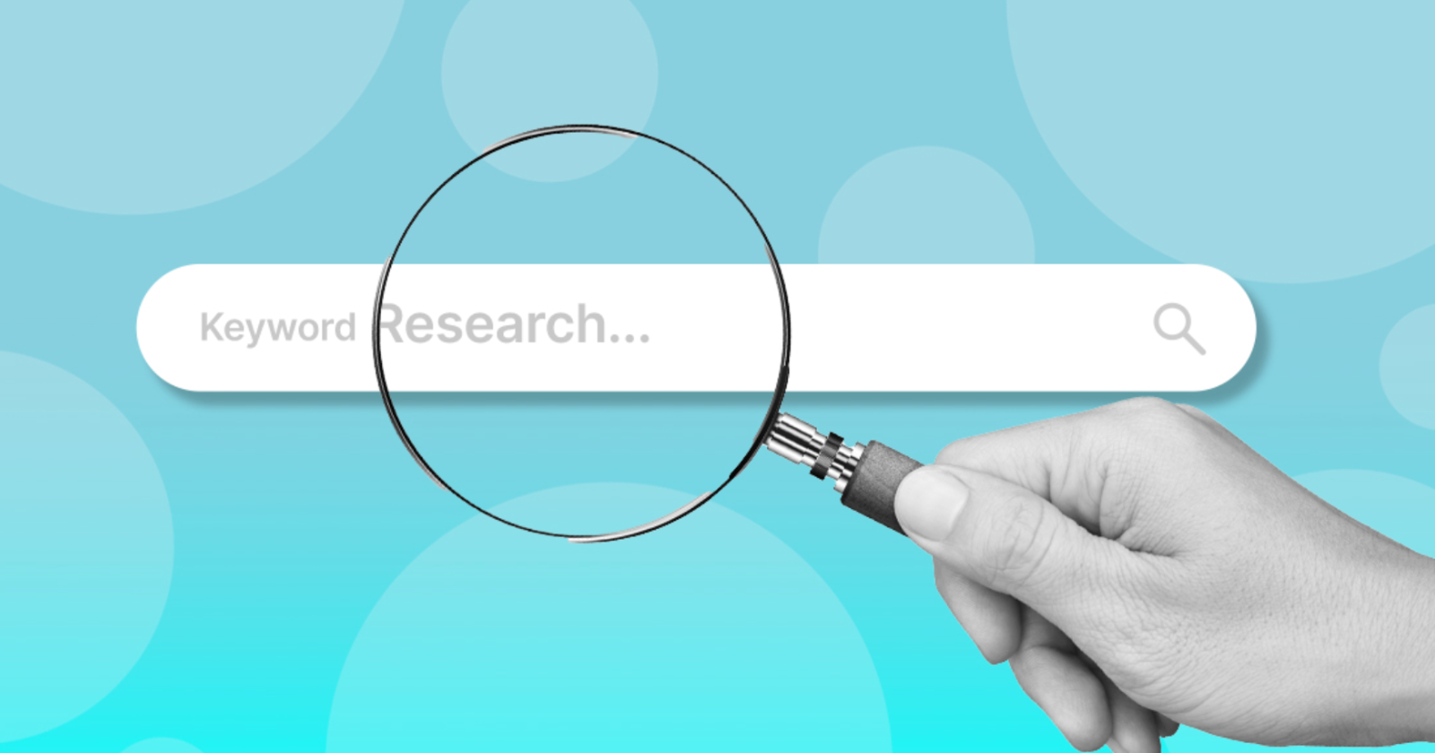 A search box with the words "Keyword Research" and a person holding a magnifying glass