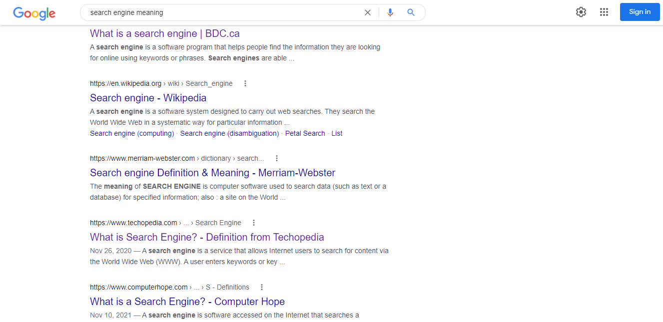 Google search results on the keywords ‘search engine meaning’