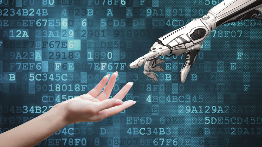A woman's hand and a robot's hand are about to shake hands against a background of computer code