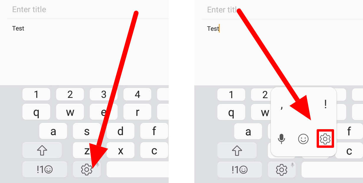 Samsung keyboard with red arrow pointing to the settings symbol