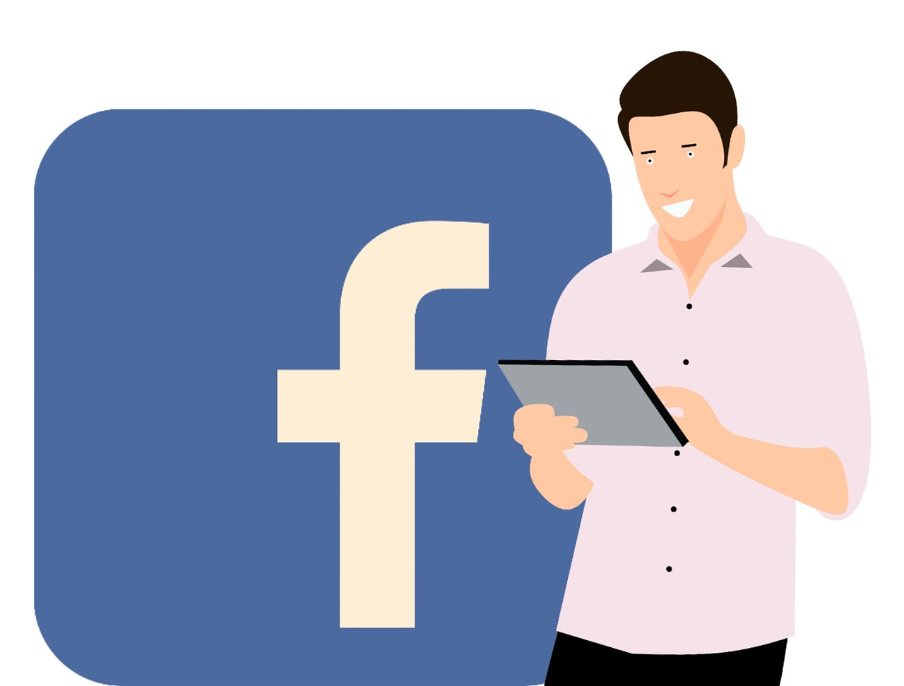 Man smiling while using a tablet with the facebook logo in the background