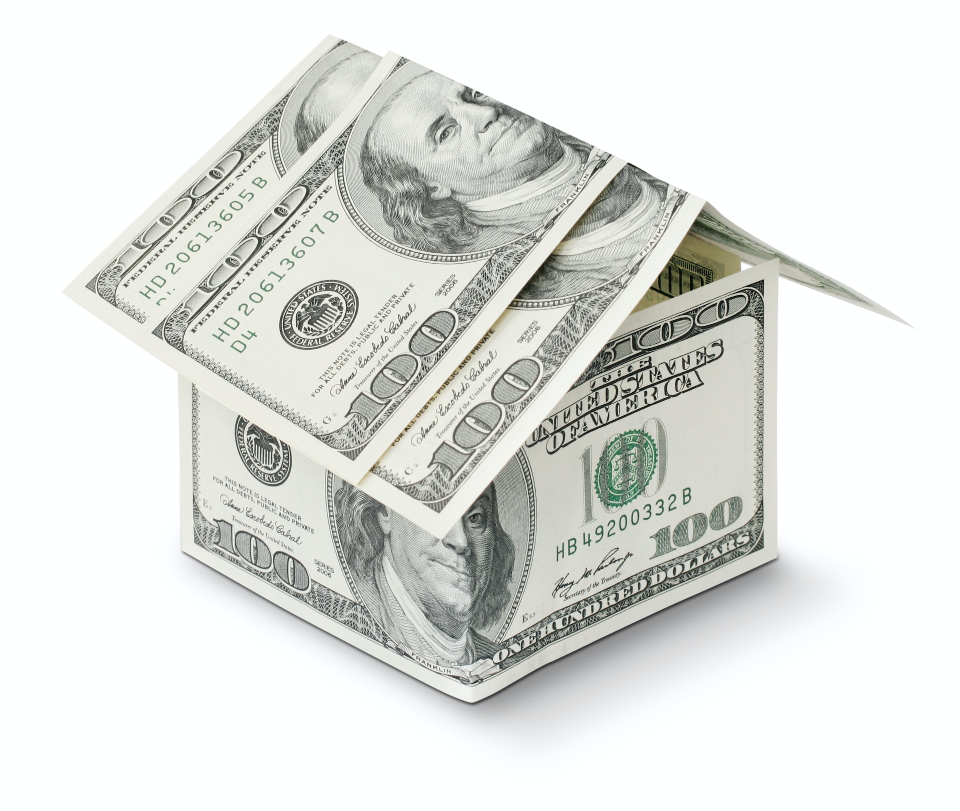 100-U.S.-dollar bills fashioned as a small house