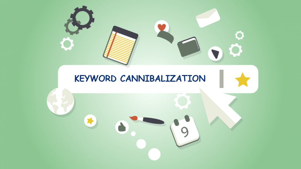 Keyword Cannibalization with stae, calendar, arrow paintbrush, mail, gear icon, and folder
