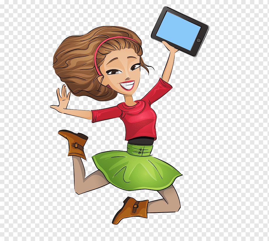Smiling Woman Jumping While Holding An Ipad