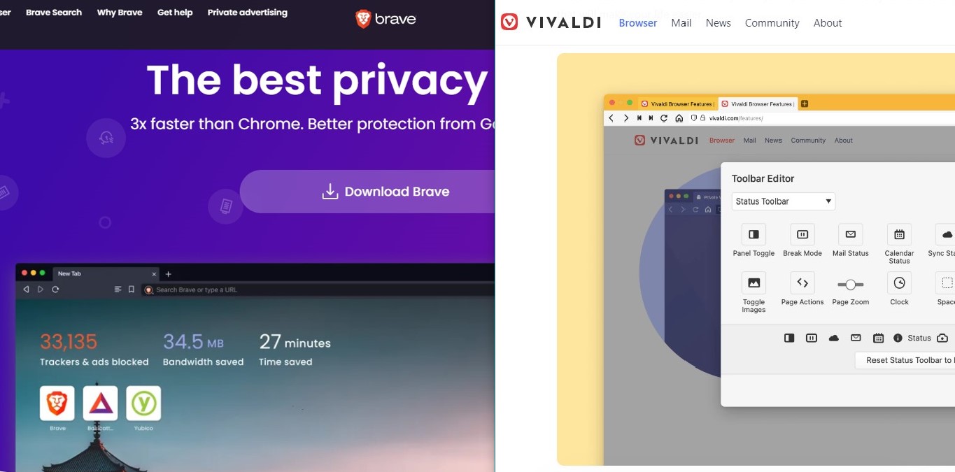The left sections of Brave homepage and Vivaldi homepage