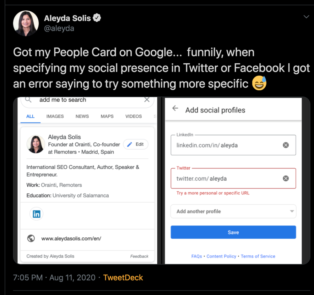 Woman Tweeting About Her Google People Card