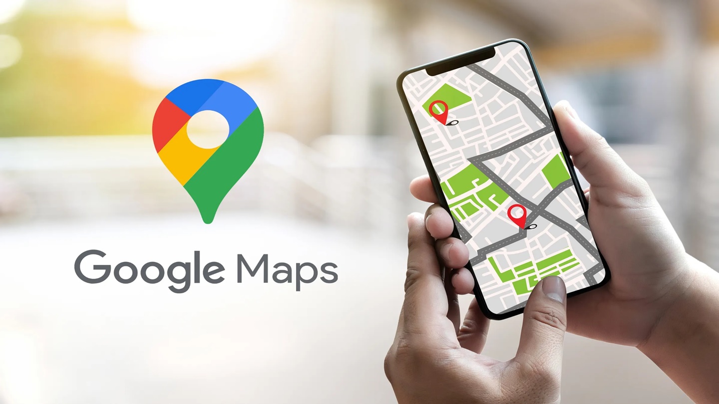 A Google Maps logo and a hand holding a phone with google maps on screen.