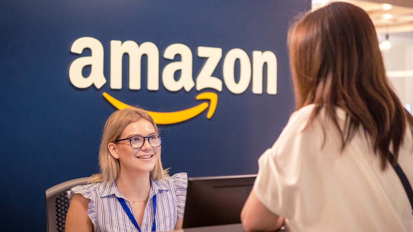 Amazon logo and two women talking