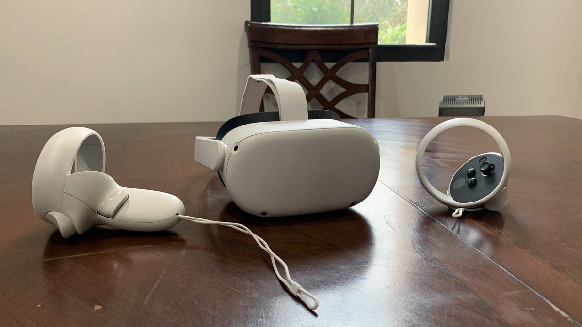 Meta Oculus Quest 2 on a wooden table.