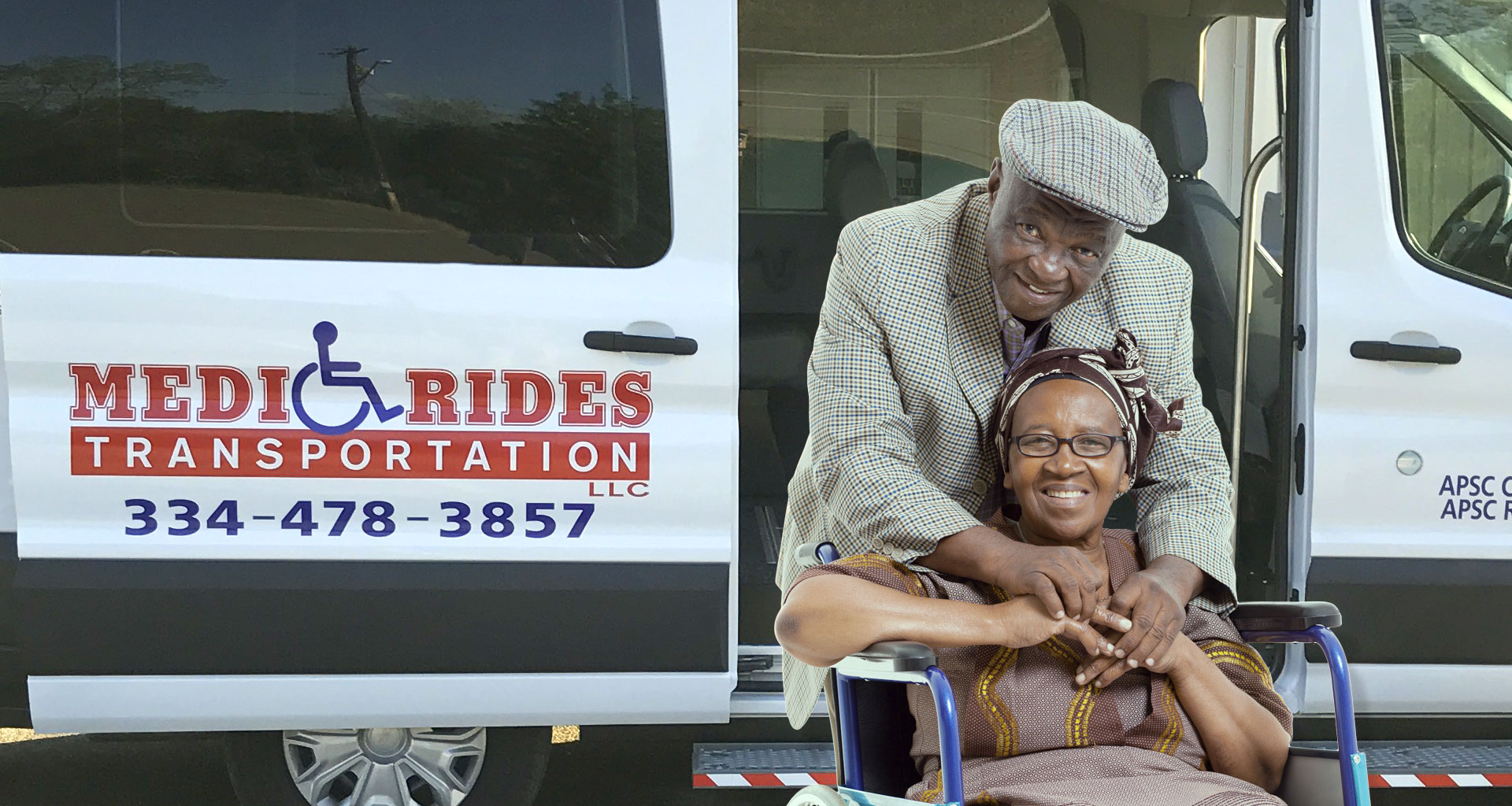 MediRides logo on a van and two people
