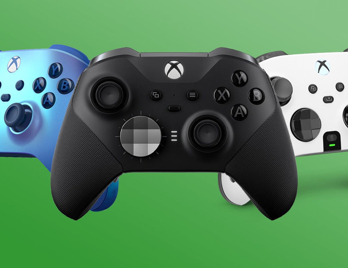 Blue, black, and white Xbox controllers