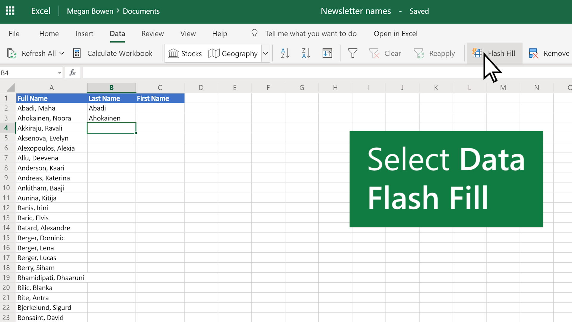 An excel sheet with columns named full name, last name and first name.
