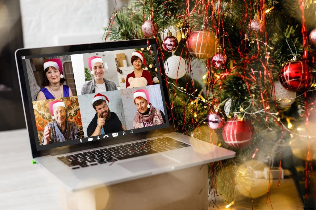 Office employees doing confers call on from home on Christmas