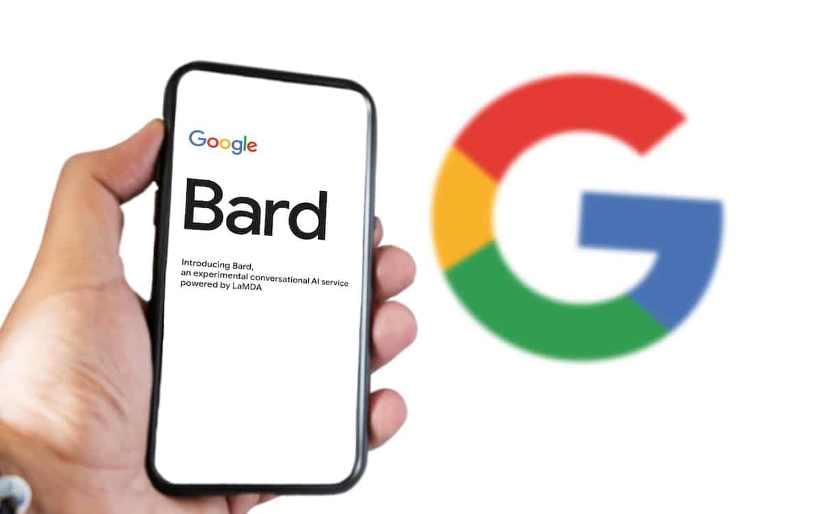 Google Bard on a phone and Google logo