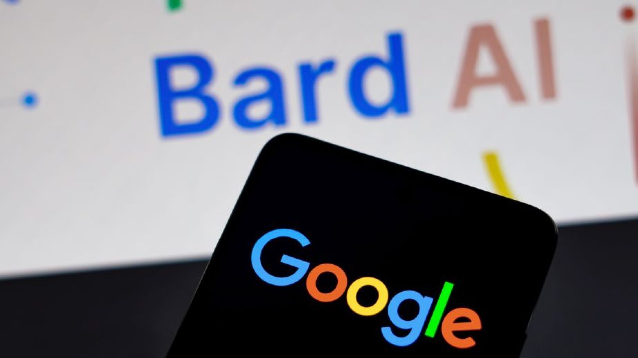 Google logo on a phone and Bard AI on the back