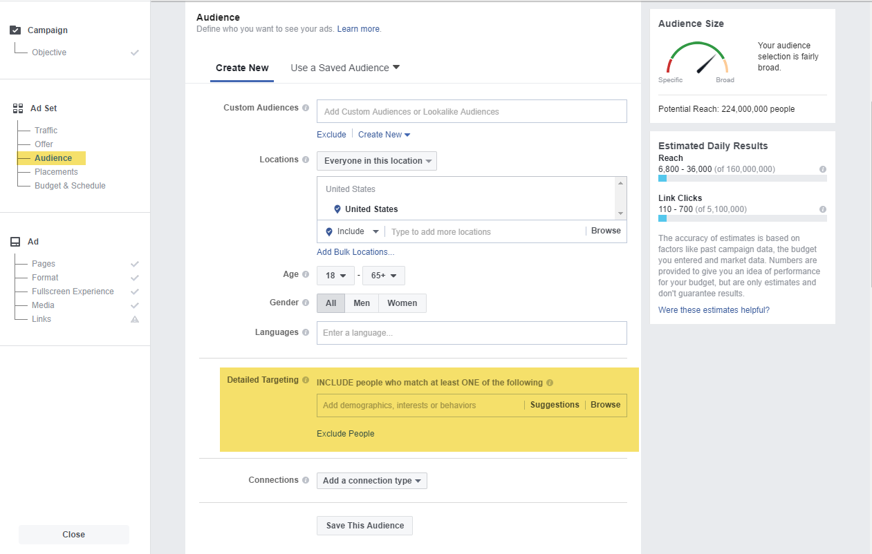 Audiences page on Facebook, which allows businesses to create and manage custom audiences for their advertising campaigns.