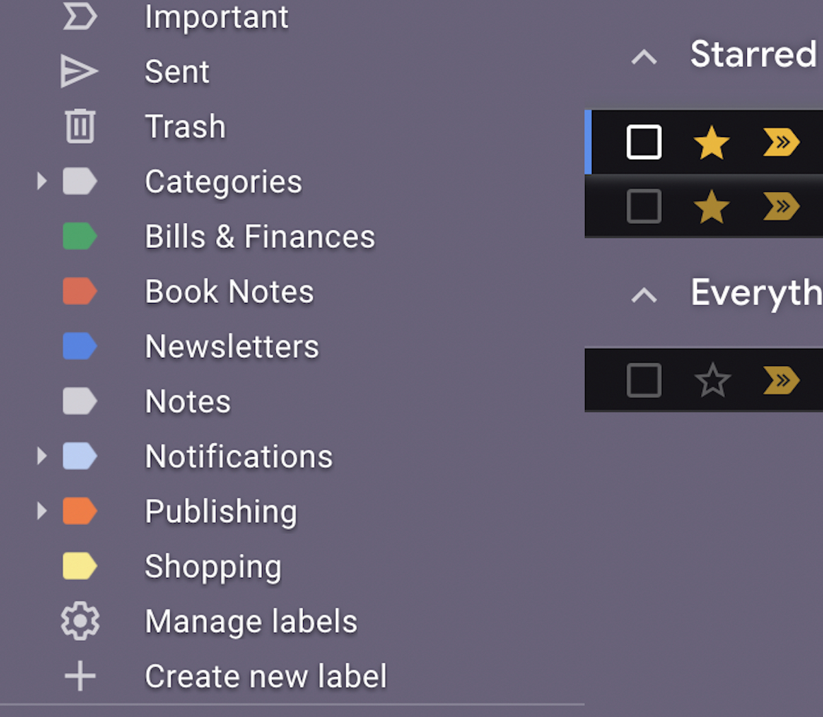 Star, Importance Markers, and Labels on a Gmail Sidebar