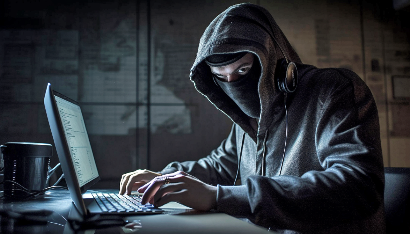 A man in hoodie and wearing black mask is working on laptop.